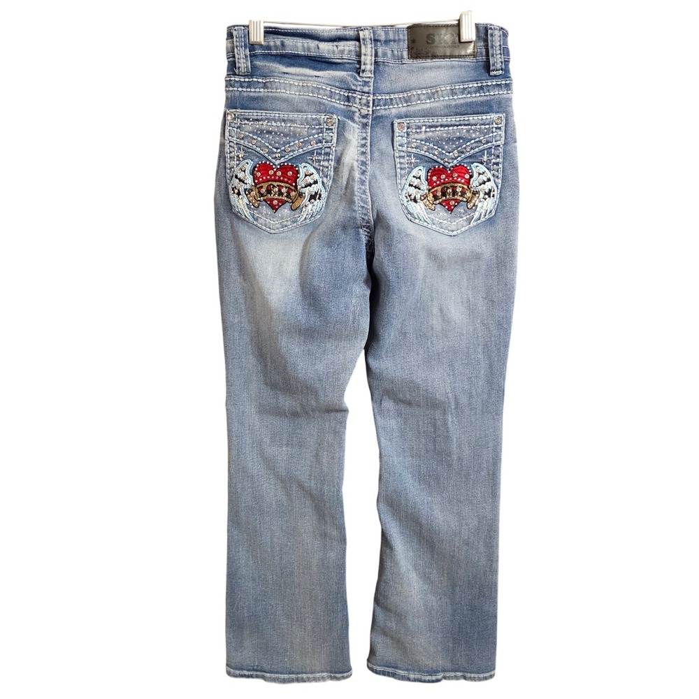 Sky Women 26‎ Jeans Blue Winged Heart Rhinestone Y2K McBling Embellished Denim